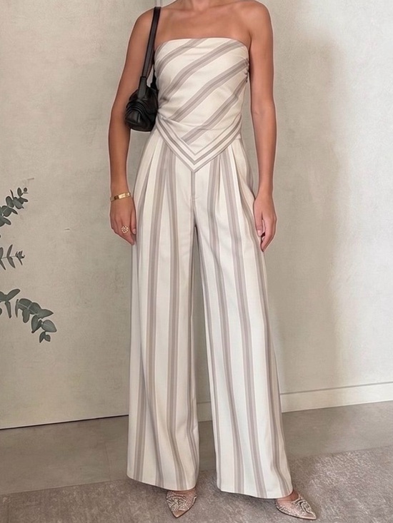 Commense Other - Strapless Wide-Leg Stripe 2 Piece Set in Neutral Cream Taupe